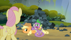 Size: 1319x742 | Tagged: safe, derpibooru import, screencap, applejack, fluttershy, spike, dragon, pegasus, pony, g4, spike at your service, animation error, butt, female, flutterbutt, male, mare, plot, rock, wheel o feet