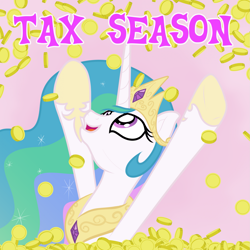 Size: 1919x1919 | Tagged: safe, artist:nitei, derpibooru import, princess celestia, alicorn, pony, g4, bits, crown, happy, horse taxes, jewelry, looking up, peytral, regalia, solo, taxes, text, throwing