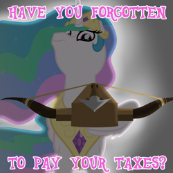 Size: 1919x1919 | Tagged: safe, artist:nitei, derpibooru import, princess celestia, alicorn, pony, g4, backlighting, crossbow, crown, horse taxes, jewelry, looking at you, looking down, looking down at you, low angle, perspective, peytral, regalia, solo, taxes, text, threatening, weapon, wing hands, wings