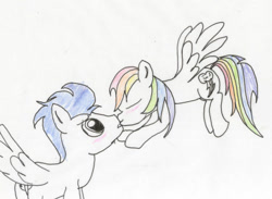 Size: 750x548 | Tagged: safe, artist:littlecolt, derpibooru import, rainbow dash, soarin', pegasus, pony, g4, female, kiss on the lips, kissing, male, mare, shipping, soarindash, stallion, straight, traditional art