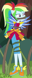 Size: 763x1836 | Tagged: safe, artist:nie-martw-sie-o-mnie, derpibooru import, rainbow dash, human, equestria girls, g4, bondage, crystal guardian, gag, ponied up, solo, tied up, vine, vine bondage, vine gag