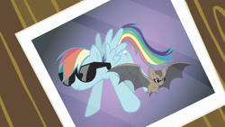 Size: 1920x1080 | Tagged: safe, derpibooru import, screencap, rainbow dash, bat, pegasus, pony, g4, may the best pet win, season 2, desaturated, duo, female, mare, photo, posing for photo, rainbow dash's sunglasses, smiling, spread wings, sunglasses, wings, wrong cutie mark