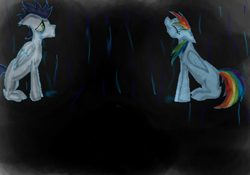 Size: 499x349 | Tagged: safe, artist:sublit, derpibooru import, rainbow dash, soarin', pegasus, pony, g4, female, male, mare, rain, shipping, soarindash, stallion, straight