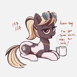 Size: 3000x3000 | Tagged: safe, artist:t72b, derpibooru import, earth pony, pony, coffee, coffee mug, female, jewelry, looking at you, lying down, mare, mug, necklace, ponified, ponified animal photo, prone, species swap, sunglasses, sunglasses on head, talking to viewer