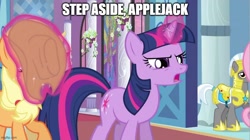 Size: 888x499 | Tagged: safe, derpibooru import, edit, edited screencap, screencap, applejack, twilight sparkle, earth pony, pony, unicorn, a canterlot wedding, g4, angry, caption, image macro, imgflip, text