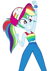 Size: 693x977 | Tagged: safe, derpibooru import, rainbow dash, human, equestria girls, g4, armpits, arms in the air, bare shoulders, big grin, big smile, cheering, fist, grin, simple background, sleeveless, smiling, white background