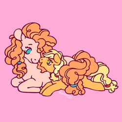 Size: 2048x2048 | Tagged: safe, artist:ponopyyy, derpibooru import, applejack, pear butter, earth pony, pony, female, filly, foal, mare, mother and child, no pupils, parent and child, pink background, simple background