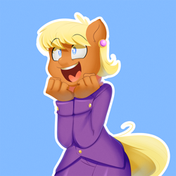 Size: 1000x1000 | Tagged: safe, artist:3mangos, derpibooru import, ms. harshwhinny, anthro, earth pony, g4, blue background, clothes, cute, ear piercing, excited, eyebrows, eyebrows visible through hair, female, ms. cutewhinny, open mouth, open smile, outline, piercing, simple background, smiling, solo, surprised, unprofessional, wide eyes