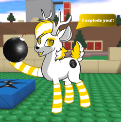 Size: 1801x1811 | Tagged: safe, artist:dookin, derpibooru import, oc, oc only, oc:bambi, deer, bambi is allways drunk, bomb, clothes, cute, deer oc, drunk, golden eyes, non-pony oc, roblox, socks, solo, striped socks, weapon