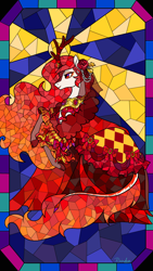 Size: 1290x2295 | Tagged: safe, artist:raindrophalo, derpibooru import, oc, oc only, kirin, clothes, dress, flower, flower in hair, kirin oc, rearing, side view, solo, stained glass