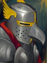 Size: 1560x2100 | Tagged: safe, artist:motley_ad, derpibooru import, oc, griffon, equestria at war mod, armor, crusader, fantasy class, gold, griffon oc, helmet, knight, metal, military, paladin, simple background, solo, warrior