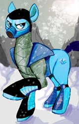 Size: 900x1415 | Tagged: safe, artist:8loodyrain, derpibooru import, pony, mortal kombat, ponified, snow, solo, species swap, sub-zero