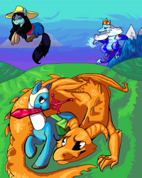 Size: 2848x3562 | Tagged: safe, artist:8loodyrain, derpibooru import, dragon, pony, adventure time, finn the human, high res, ice king, jake the dog, marceline, ponified, species swap, sword, weapon