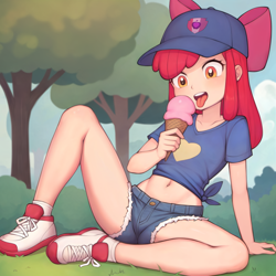 Size: 2500x2500 | Tagged: safe, ai content, derpibooru import, machine learning assisted, apple bloom, human, baseball cap, belly button, blushing, bush, cap, clothes, denim, denim shorts, hat, heart, humanized, ice cream cone, open mouth, outdoors, shirt, shoes, shorts, side knot, sitting, sneakers, socks, solo, taste buds, tongue, tongue out, tree