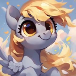 Size: 923x923 | Tagged: safe, ai content, derpibooru import, generator:purplesmart.ai, generator:stable diffusion, machine learning assisted, machine learning generated, derpy hooves, pegasus, pony, g4, beautiful, big eyes, cute, fluffy, funny face, golden eyes, leaf, long hair, long mane, looking at you, prompter:saltyvity, sky, smiley face, smiling, smiling at you, solo, yellow mane