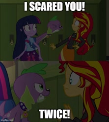 Size: 500x562 | Tagged: safe, derpibooru import, edit, edited screencap, screencap, spike, sunset shimmer, human, equestria girls, caption, imgflip, lockers, text