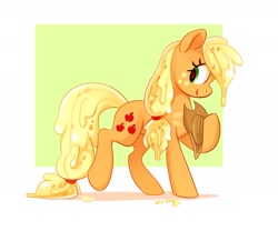 Size: 2048x1707 | Tagged: safe, artist:anotherdeadrat, derpibooru import, applejack, earth pony, food pony, original species, pony, g4, abstract background, applejack's hat, clothes, cowboy hat, food, hat, jam, passepartout, ponified, pun, smiling, solo, species swap