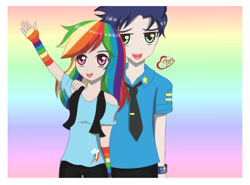 Size: 750x555 | Tagged: safe, artist:misorasune, derpibooru import, rainbow dash, soarin', human, female, gradient background, humanized, male, rainbow background, shipping, soarindash, straight