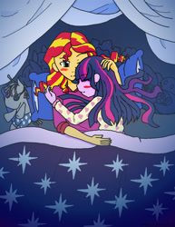 Size: 2550x3300 | Tagged: safe, artist:joshjenkins6, artist:t3chno 0taku, derpibooru import, smarty pants, sunset shimmer, twilight sparkle, collaboration, equestria girls, g4, bed, blushing, cuddling, cuddling in bed, cute, duo, eyes closed, female, high res, hug, in bed, lesbian, one eye closed, pillow, plushie, shimmerbetes, shipping, sleeping, sleeping together, smiling, snuggling, sunsetsparkle, twiabetes, wholesome