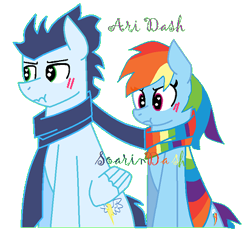 Size: 412x402 | Tagged: safe, artist:trendari, derpibooru import, rainbow dash, soarin', pegasus, pony, blushing, clothes, female, male, mare, rainbow scarf, scarf, shipping, simple background, soarindash, stallion, straight, striped scarf, transparent background