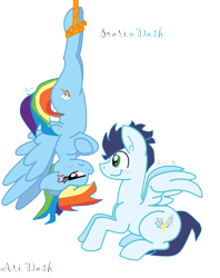 Size: 800x1008 | Tagged: safe, artist:trendari, derpibooru import, rainbow dash, soarin', pegasus, pony, female, hanging, hanging upside down, male, mare, shipping, simple background, soarindash, stallion, straight, transparent background, upside down