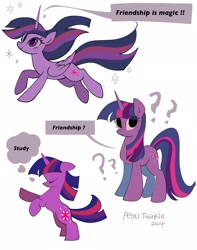 Size: 1611x2048 | Tagged: safe, artist:petaltwinkle, derpibooru import, twilight sparkle, twilight sparkle (alicorn), unicorn twilight, alicorn, pony, unicorn, dialogue, eyes closed, female, mare, progression, question mark, rearing, simple background, smiling, solo, speech bubble, thought bubble, white background, windswept mane