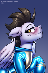 Size: 2000x3000 | Tagged: safe, artist:jedayskayvoker, derpibooru import, oc, oc only, oc:wing, pegasus, pony, bedroom eyes, blushing, bust, clothes, cute, folded wings, freckles, gradient background, icon, latex, latex suit, looking back, male, patreon, patreon reward, pegasus oc, portrait, shiny, smiling, solo, stallion, uniform, wings, wonderbolts, wonderbolts uniform