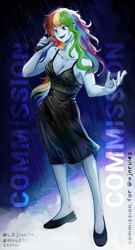 Size: 1100x2040 | Tagged: safe, artist:hiru3152, artist:lzjian79, derpibooru import, rainbow dash, human, collaboration, equestria girls, g4, bare shoulders, beautiful wet black dress, black dress, breasts, clothes, commission, commissioner:ajnrules, dress, female, flats, little black dress, microphone, rain, rainbow dash always dresses in style, shoes, singing, sleeveless, solo, wet, wet clothes, wet dress