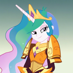 Size: 1024x1024 | Tagged: source needed, safe, ai content, derpibooru import, generator:pony diffusion v6 xl, generator:stable diffusion, machine learning generated, princess celestia, human, equestria girls, g4, alternate universe, armor, bust, crown, equestria girls-ified, ethereal mane, female, flowing mane, gradient background, horn, jewelry, lidded eyes, looking at you, portrait, prompter needed, regalia, show accurate, smiling, smirk, solo