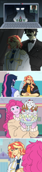 Size: 1280x5281 | Tagged: safe, artist:lzjian79, derpibooru import, discord, pinkie pie, sci-twi, sunset shimmer, twilight sparkle, oc, oc:butler yellow, human, comic:the setting of two suns, equestria girls, g4, banana split, butler, canterlot city, city, clothes, coat, computer, curtains, duo, empty eyes, everton, female, food, glasses, human discord, human sunset, ice cream, laptop computer, looking at you, male, necktie, sad, serious, serious face, smiling, smiling at you, sprinkles, sundae, sunlit shimmer, sweet snacks cafe, video call, webcam, whipped cream