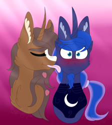 Size: 4696x5260 | Tagged: safe, derpibooru import, prince artemis, princess luna, oc, oc:strawberry cocoa (the coco clan), alicorn, monster pony, pony, unicorn, absurd resolution, blaze (coat marking), blue eyes, blue mane, blushing, brown coat, brown mane, bust, canon x oc, chest fluff, coat markings, commission, commissioner:rautamiekka, duo, duo male, ear fluff, ears, ears up, ethereal mane, eyes closed, eyes open, facial hair, facial markings, female to male, food, front view, gay, goatee, gradient background, hairband, horn, licking, long mane, long mane male, looking forward, male, male oc, mane, no eyelashes, pony oc, pony on pony action, ponytail, rule 63, shipping, shocked, shocked expression, stallion, stallion oc, stallion on stallion, strawberry, tongue, tongue out, transformation, transgender transformation, two toned mane, unicorn oc, white sclera