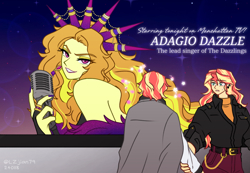 Size: 1500x1037 | Tagged: safe, artist:lzjian79, derpibooru import, adagio dazzle, sunset shimmer, human, equestria girls, g4, bare shoulders, beautiful, billboard, boa, clothes, coat, diva, dress, ear piercing, earring, evening gloves, feather boa, female, fingernails, flower, gloves, gold chains, headband, holding arm, human sunset, in love, jewelry, lesbian, long gloves, long nails, makeup, microphone, name, painted nails, piercing, ring, self paradox, sexy, ship:sunlagio, ship:sunsagio, shipping, shocked, shocked expression, shocked eyes, shoulderless, sparkles, suit, sunlit shimmer, thorn