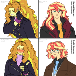 Size: 1500x1500 | Tagged: safe, artist:lzjian79, derpibooru import, adagio dazzle, sunset shimmer, human, equestria girls, g4, adagio dazzle is not amused, blushing, clothes, ear piercing, female, fingerless gloves, fingernails, glasses, gloves, hotline bling, human sunset, jacket, leather, leather jacket, lesbian, meme, name, necktie, nope, painted nails, piercing, pointing, self paradox, ship:sunlagio, ship:sunsagio, shipping, simple background, suit, sunlit shimmer, sweater, turtleneck, unamused, white background