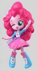 Size: 668x1284 | Tagged: safe, artist:andrew hickinbottom, derpibooru import, pinkie pie, equestria girls, g4, boots, clothes, cute, doll, equestria girls minis, gray background, high heel boots, jacket, shirt, shoes, simple background, skirt, solo, toy, vest