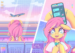 Size: 1280x905 | Tagged: safe, artist:musicfirewind, derpibooru import, fluttershy, pegasus, g4, adversarial noise, airport, clothes, crying, female, implied flutterdash, implied lesbian, implied rainbow dash, implied shipping, mare, phone, plane, sitting, smiling, solo, texting, vaporwave, wingding eyes