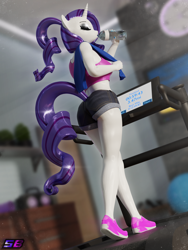 Size: 2160x2880 | Tagged: safe, artist:shadowboltsfm, derpibooru import, rarity, anthro, plantigrade anthro, 3d, blender, breasts, clothes, eyes closed, female, high res, makeup, nail polish, not sfm, ponytail, shorts, solo, sweat, treadmill, water bottle, workout