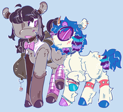 Size: 1634x1488 | Tagged: safe, artist:tottallytoby, derpibooru import, dj pon-3, octavia melody, vinyl scratch, earth pony, pony, unicorn, g4, alternate design, alternate hair color, alternate hairstyle, blue background, blush lines, blushing, bowtie, bracelet, cello case, chest fluff, choker, closed mouth, clothes, coat markings, colored eartips, colored hooves, coontails, duo, ear piercing, earring, eyeshadow, female, fluffy, gradient mane, gradient tail, hoof polish, horn, horn jewelry, jewelry, keychain, leg band, leg warmers, leonine tail, looking at each other, looking at someone, makeup, mare, mismatched hooves, nose piercing, nose ring, open mouth, piercing, raised hoof, raised leg, redesign, ring, septum piercing, simple background, smiling, socks, socks (coat marking), spiked wristband, sunglasses, tail, tail ring, vinyl's glasses, wristband