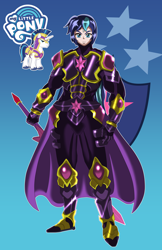 Size: 3020x4661 | Tagged: safe, artist:cmacx, derpibooru import, shining armor, human, unicorn, armor, cape, clothes, gradient background, humanized, solo, stars, sword, weapon