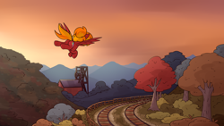 Size: 3840x2160 | Tagged: safe, artist:moonatik, derpibooru import, oc, oc only, oc:moonatik, pegasus, pony, bush, hair bun, male, mine, mountain, pegasus oc, solo, stallion, sunset, train tracks, tree