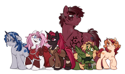 Size: 4800x2850 | Tagged: safe, artist:crimmharmony, derpibooru import, oc, oc only, oc:brimstone blitz, oc:coral eve, oc:glimmerlight, oc:murky, oc:protege, oc:unity, earth pony, pegasus, unicorn, fallout equestria, fallout equestria: murky number seven, bandage, buff, clothes, earth pony oc, fanfic art, goggles, goggles on head, group photo, horn, messy mane, muscles, pegasus oc, pipbuck, simple background, size comparison, size difference, steel ranger, steel ranger scribe, tattoo, transparent background, unicorn oc