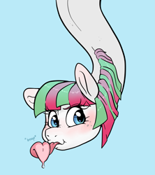 Size: 1071x1207 | Tagged: safe, artist:smirk, derpibooru import, blossomforth, oc, monster pony, fanfic:blossomthing, against glass, blossomthing, blue background, boop, commission, eldritch abomination, embarrassed, glass, impossibly long neck, long neck, long tongue, shapeshifter, shapeshifting, simple background, solo, tentacle neck, tentacle tongue, tentacles, tongue, tongue out