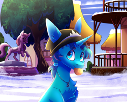 Size: 2500x2000 | Tagged: safe, artist:celes-969, derpibooru import, oc, oc only, pony, unicorn, chest fluff, horn, ponyville town hall, snow, solo, statue, tree, unicorn oc