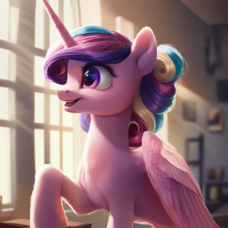 Size: 1024x1024 | Tagged: safe, ai content, derpibooru import, generator:purplesmart.ai, generator:stable diffusion, machine learning generated, princess cadance, alicorn, pony, g4, female, mare, prompter:maresforever, smiling, solo, teen princess cadance