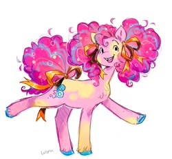 Size: 1308x1208 | Tagged: safe, artist:lutraviolet, derpibooru import, pinkie pie, earth pony, pony, g4, alternate design, bow, chest fluff, coat markings, colored hooves, curly hair, curly mane, curly tail, ear fluff, ears, female, hair bow, mare, multicolored hair, open mouth, raised hoof, raised leg, redesign, simple background, smiling, solo, splotches, tail, tail bow, tooth gap, unshorn fetlocks, white background