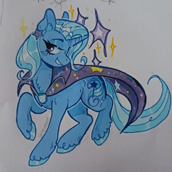 Size: 1080x1081 | Tagged: safe, artist:revksghost, derpibooru import, trixie, pony, unicorn, g4, blushing, cape, chest fluff, clothes, ear fluff, ear piercing, earring, ears, female, grin, jewelry, lidded eyes, mare, marker drawing, piercing, raised hoof, raised leg, smiling, solo, sparkles, traditional art, trixie's cape, unshorn fetlocks