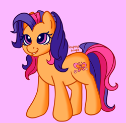 Size: 1924x1871 | Tagged: safe, artist:leopardsnaps, derpibooru import, scootaloo (g3), earth pony, pony, g3, female, looking up, mare, pink background, simple background, smiling, solo, standing