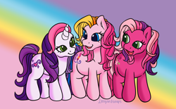 Size: 2900x1800 | Tagged: safe, artist:leopardsnaps, derpibooru import, cheerilee (g3), sweetie belle (g3), toola roola, earth pony, pony, unicorn, g3, looking at each other, looking at someone, open mouth, rainbow, rainbow background, smiling, trio