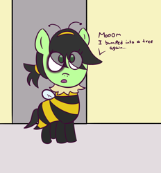 Size: 650x700 | Tagged: safe, artist:wanda, derpibooru import, oc, oc only, oc:anon filly, animal costume, bee costume, black eye, clothes, costume, dialogue, female, filly, foal, solo
