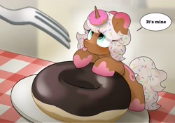 Size: 3332x2330 | Tagged: safe, artist:mochi_nation, derpibooru import, oc, oc only, oc:donut daydream, pony, unicorn, coat markings, commission, cute, dialogue, donut, eye clipping through hair, female, food, fork, looking up, mare, mine!, ocbetes, solo, speech bubble, text, tiny, tiny ponies, tongue, tongue out, ych result
