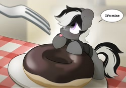 Size: 2048x1432 | Tagged: safe, artist:mochi_nation, derpibooru import, oc, oc only, oc:kenn, earth pony, pony, coat markings, commission, cute, dialogue, donut, eye clipping through hair, food, fork, looking up, male, mine!, ocbetes, solo, speech bubble, stallion, tiny, tiny ponies, tongue, tongue out, ych result